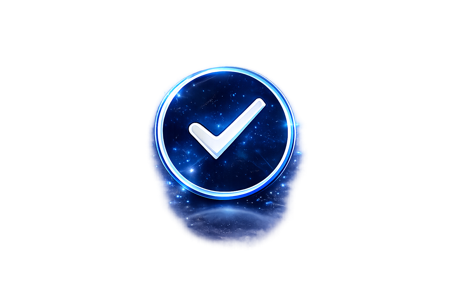 A glowing blue circular icon with a check mark inside, set against a cosmic background with stars and a glowing outline.