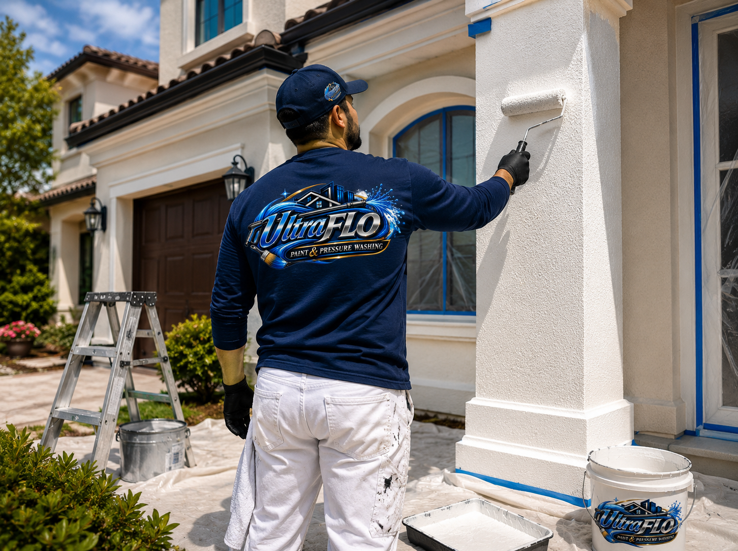 A painter in a navy blue shirt and white pants painting the exterior wall of a house white using a paint roller. The shirt displays the logo 'Ultra FLO Paint & Pressure Washing.' A ladder, paint buckets, and gardening plants are nearby.