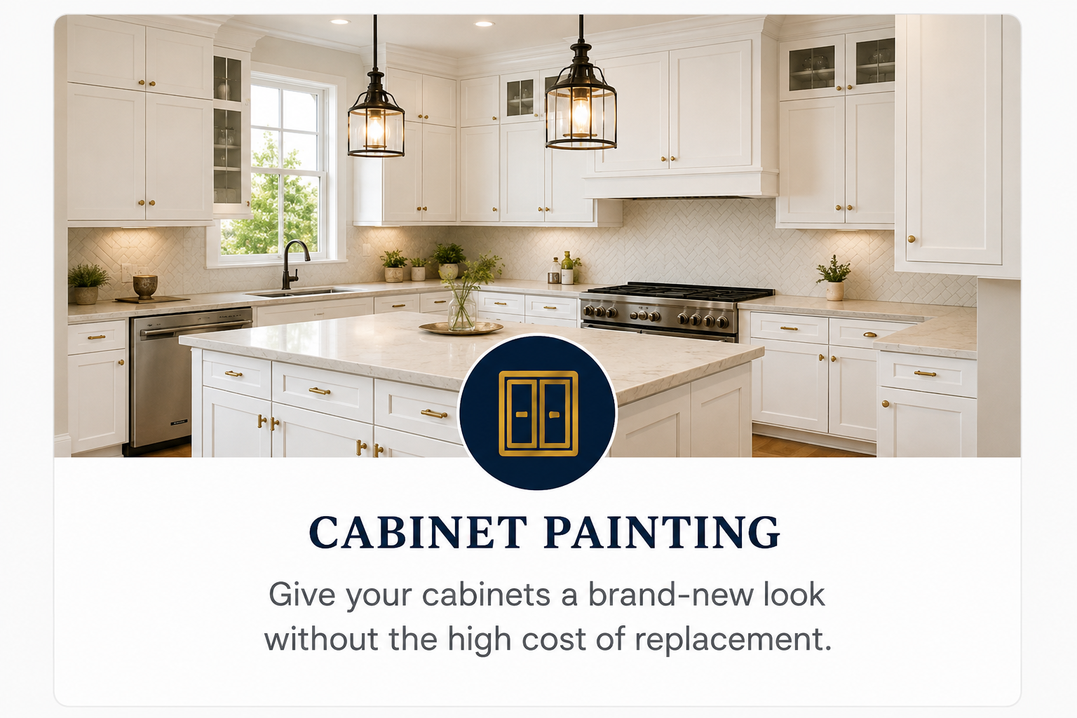 Modern white kitchen with island, pendant lighting, and natural light from a window. Text advertising cabinet painting services.