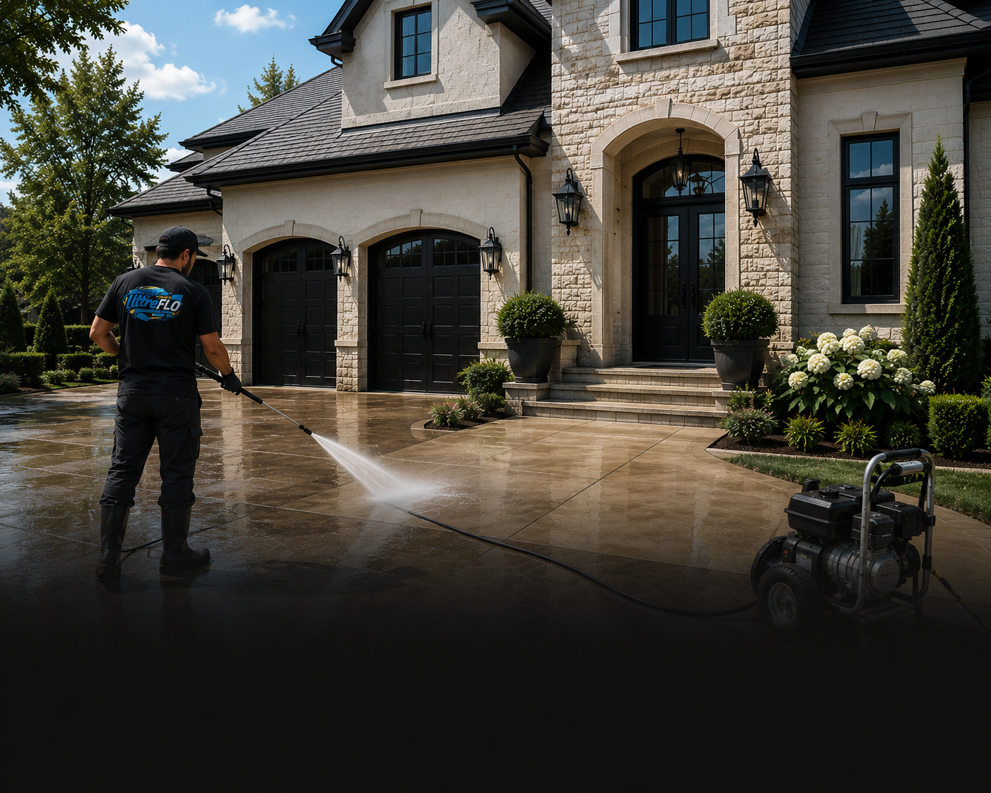A man in black clothing and rubber boots is power washing a large concrete driveway in front of a large, elegant house with beige stone walls, black garage doors, and potted plants on the steps.