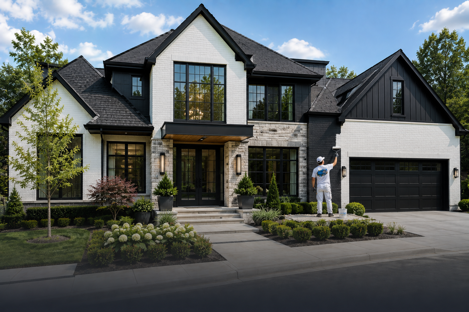 A modern two-story house with black and white exterior, large windows, and a well-maintained garden. A painter is working on the right side of the house.