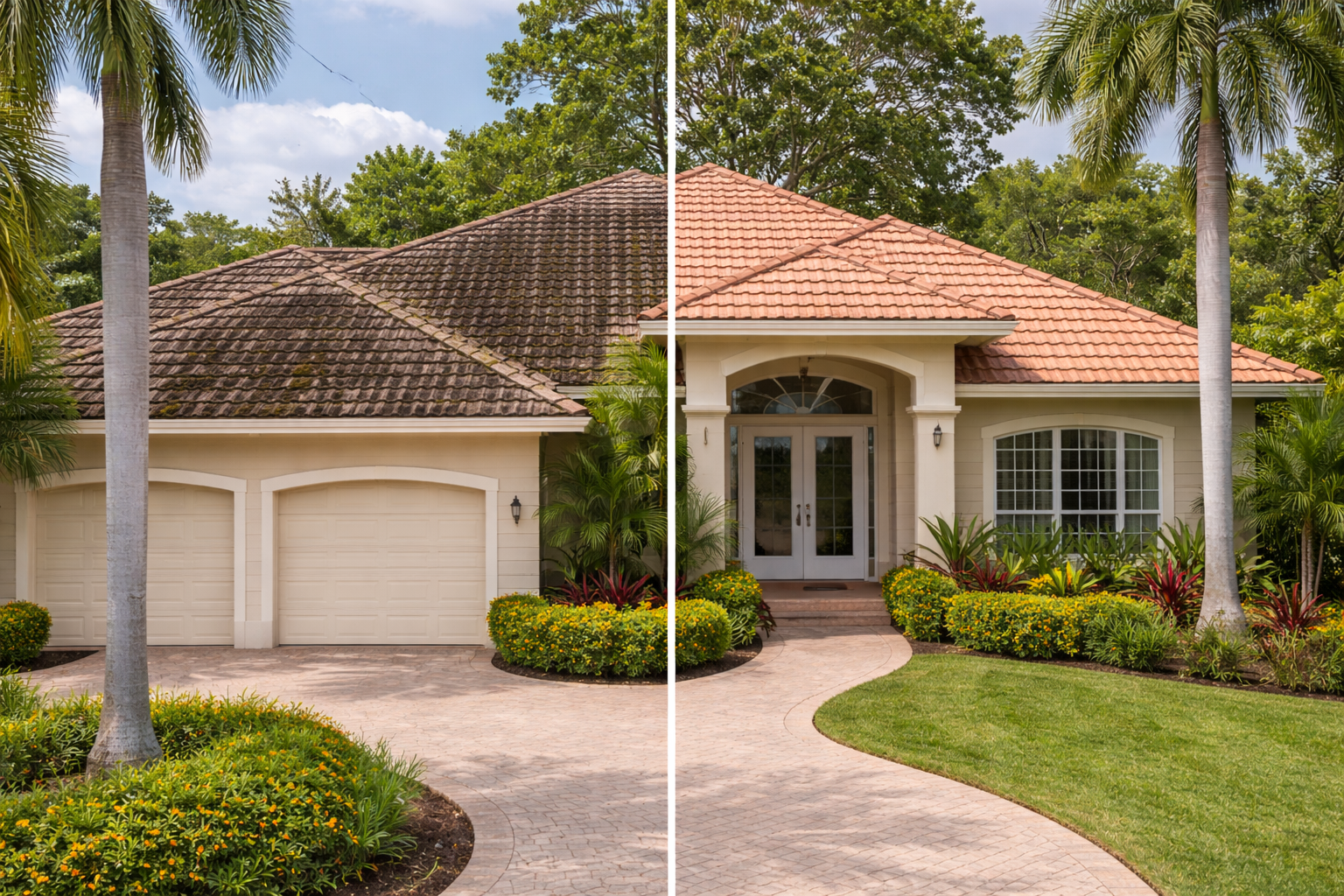 Comparison of two side-by-side images of a house before and after renovation. The left side shows the house with an older, weathered, and dirty roof, while the right side shows the house with a new, clean, and reddish tile roof. The house has a beige exterior, dark-framed windows, and a lush, green lawn with palm trees and tropical plants in the front yard.