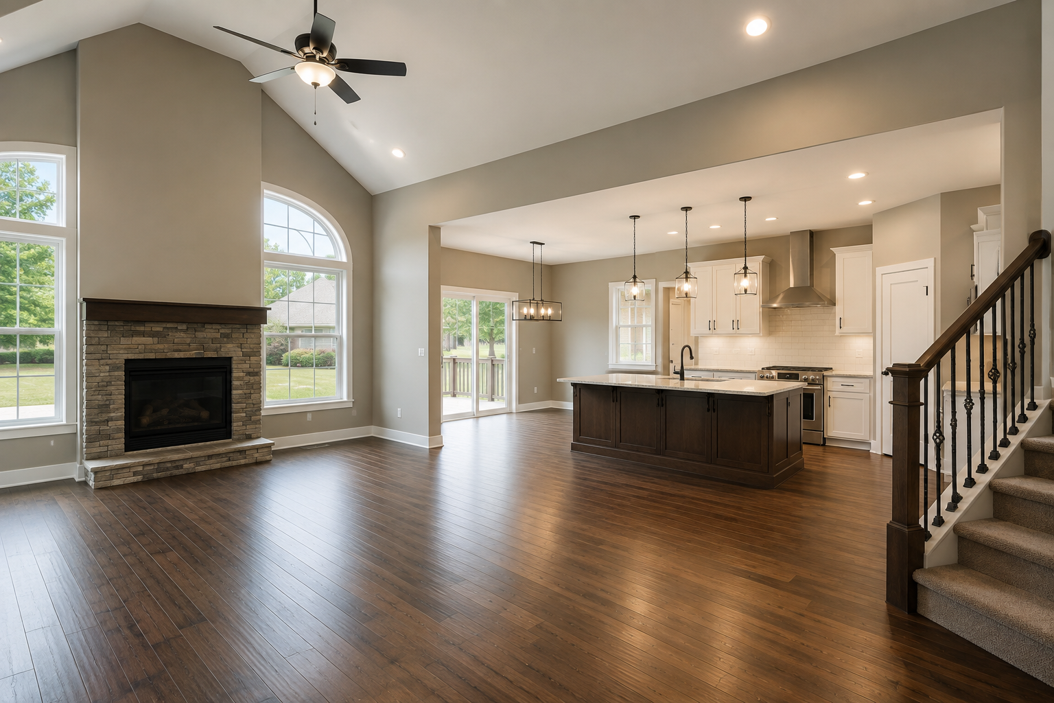 Open-concept living room and kitchen with hardwood floors, fireplace, large windows, kitchen island, modern light fixtures, and a staircase.