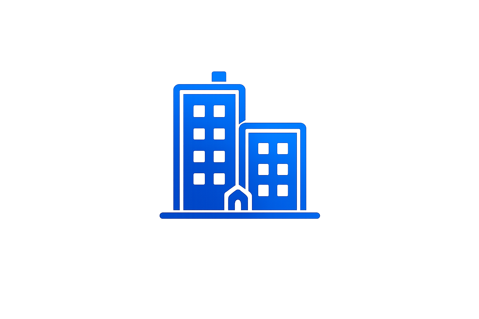 Illustration of two tall buildings in a simple, stylized blue outline.