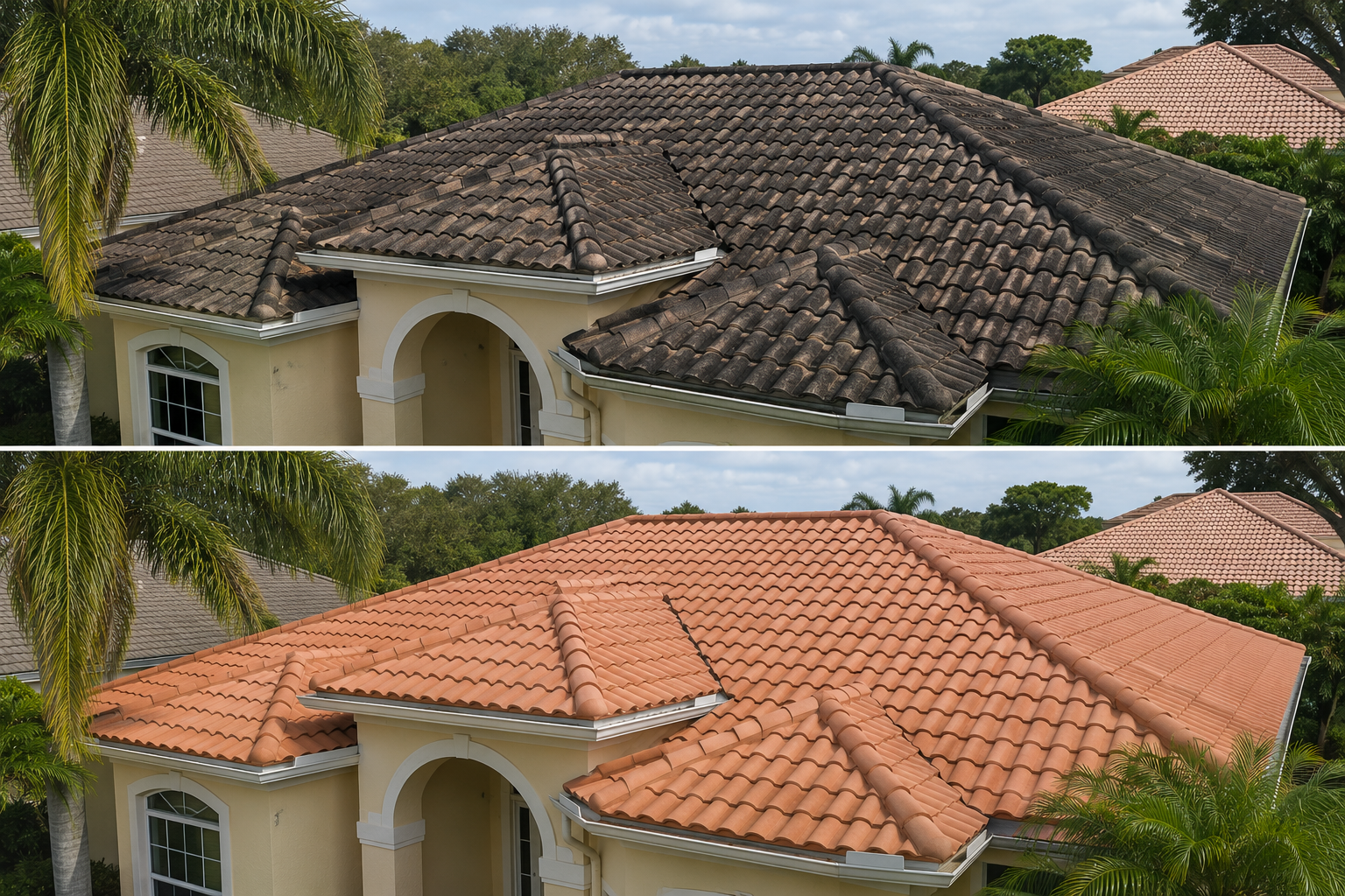 Comparison of a house roof before and after replacement. The top image shows the roof with dark, aged tiles, while the bottom image shows the roof with new, terracotta-colored tiles. The house has a cream-colored exterior and is surrounded by lush greenery and palm trees.