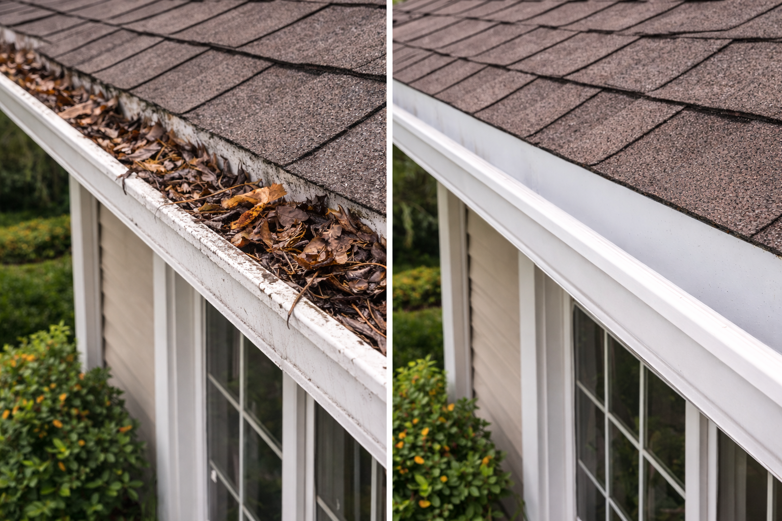 Side-by-side comparison of a house's gutter filled with leaves before cleaning on the left, and cleaned gutter on the right.