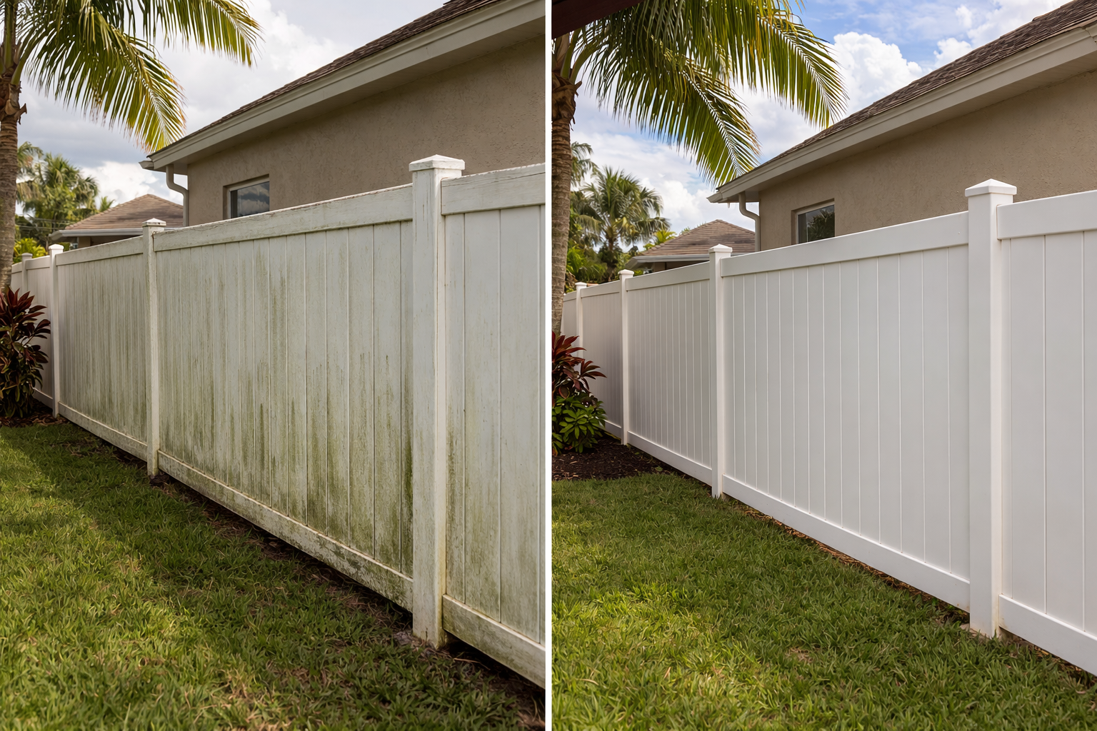 Comparison of a dirty, moss-covered white fence on the left and a clean, freshly painted white fence on the right, in a backyard with grass, palm trees, and a house in the background.