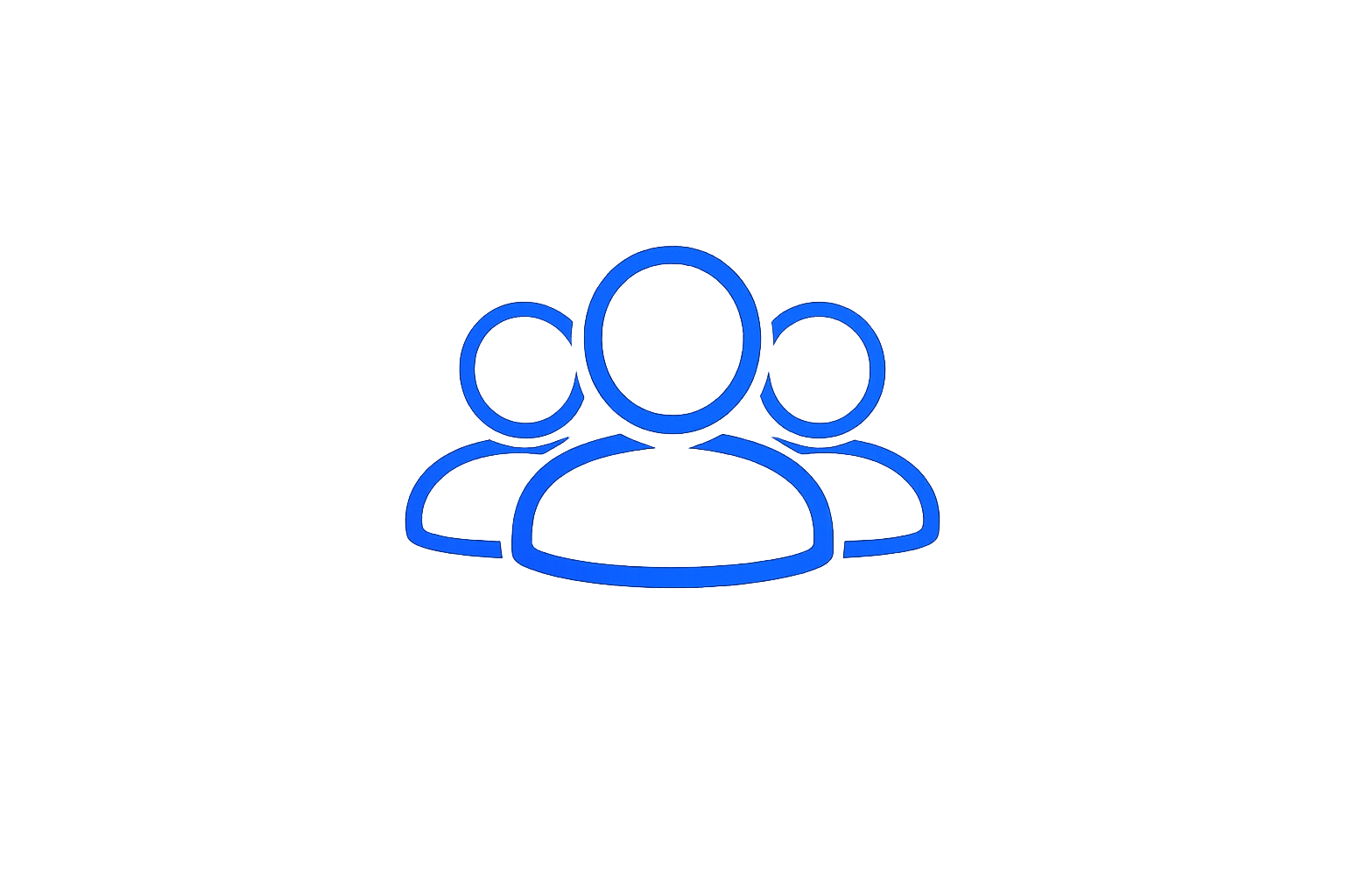 Outline of three blue human figures, with one figure in front and two in the back, representing a group or team.