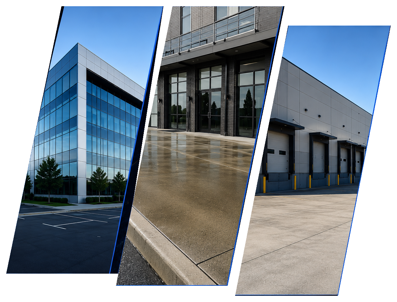 Images of commercial buildings, including a modern office building with glass windows, an industrial or warehouse facility with loading docks, and a storefront with glass doors on a wet pavement.