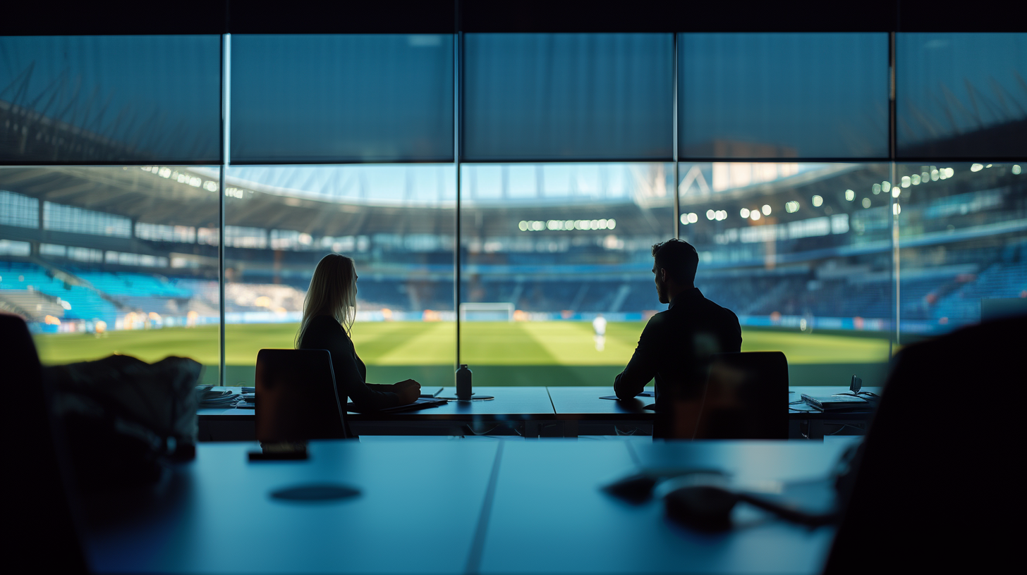 Two sports agents in professional attire meeting at a desk overlooking a football stadium — representing the agency partnerships and commercial relationships at the heart of StatuMentis Mental Performance & Behavior services.