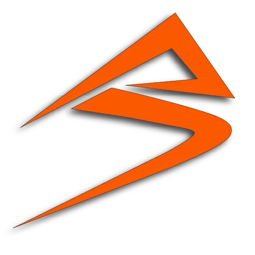 An orange and black stylized lightning bolt logo.