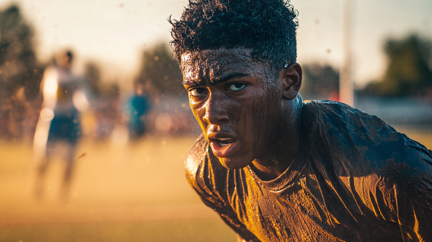 A professional footballer competing during a match at sunset — focused, intense, and fully present in the moment. Used on the StatuMentis Mental Performance & Behavior Agency website.
