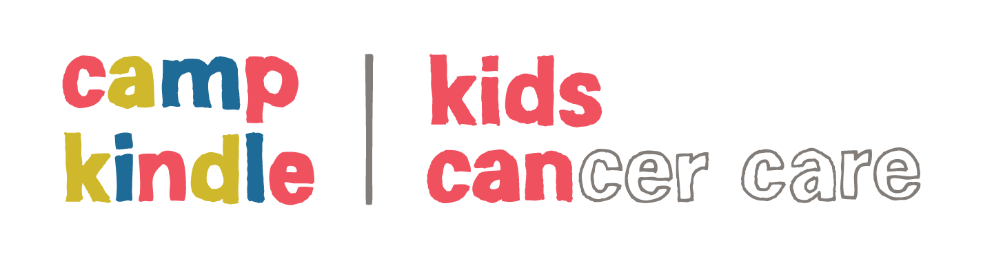 Colorful logo with the words 'Camp Kindle Kids' on the left and 'Kids Can Cancer Care' on the right, separated by a vertical gray line.