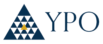 Logo with a triangle composed of smaller white and blue triangles, and the letters 'YPO' to the right.
