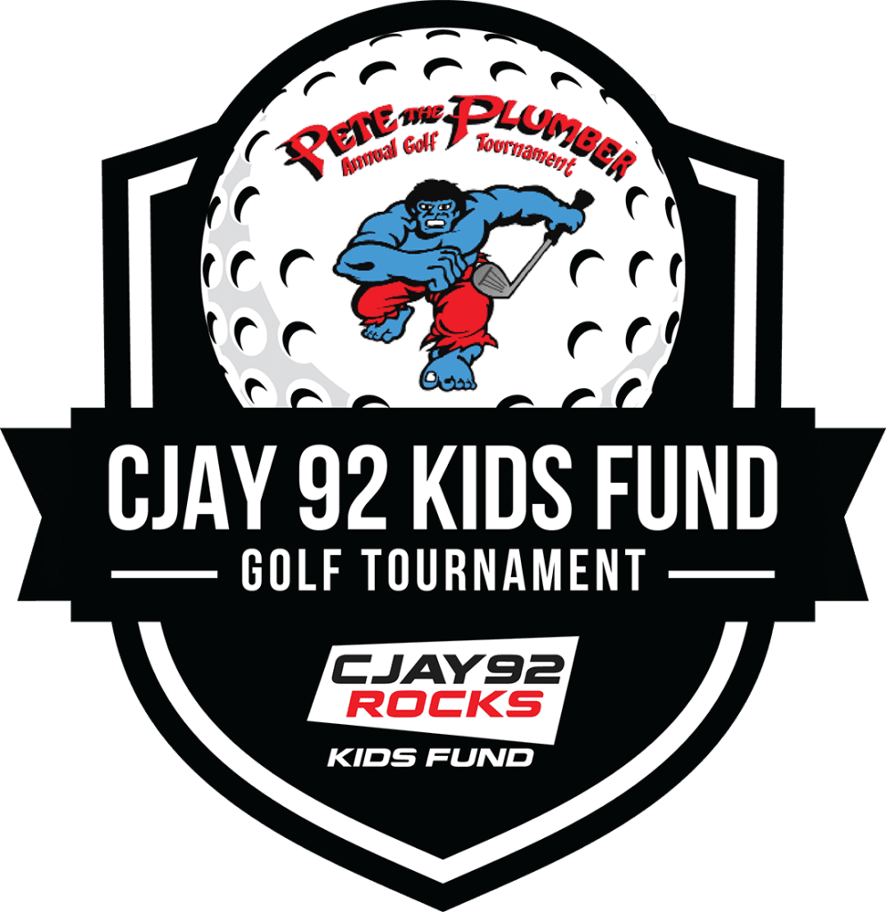 Logo for the Pete the Plumber Annual Golf Tournament supporting the CJAY 92 Kids Fund, featuring a cartoon gorilla playing golf on a large golf ball with event details.