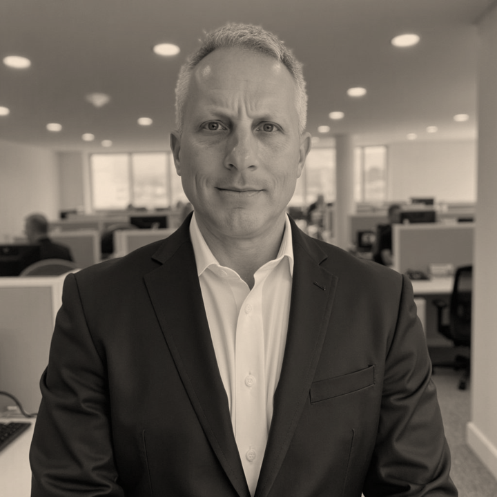 A professional man in a suit stands in an office with open cubicles and large windows.