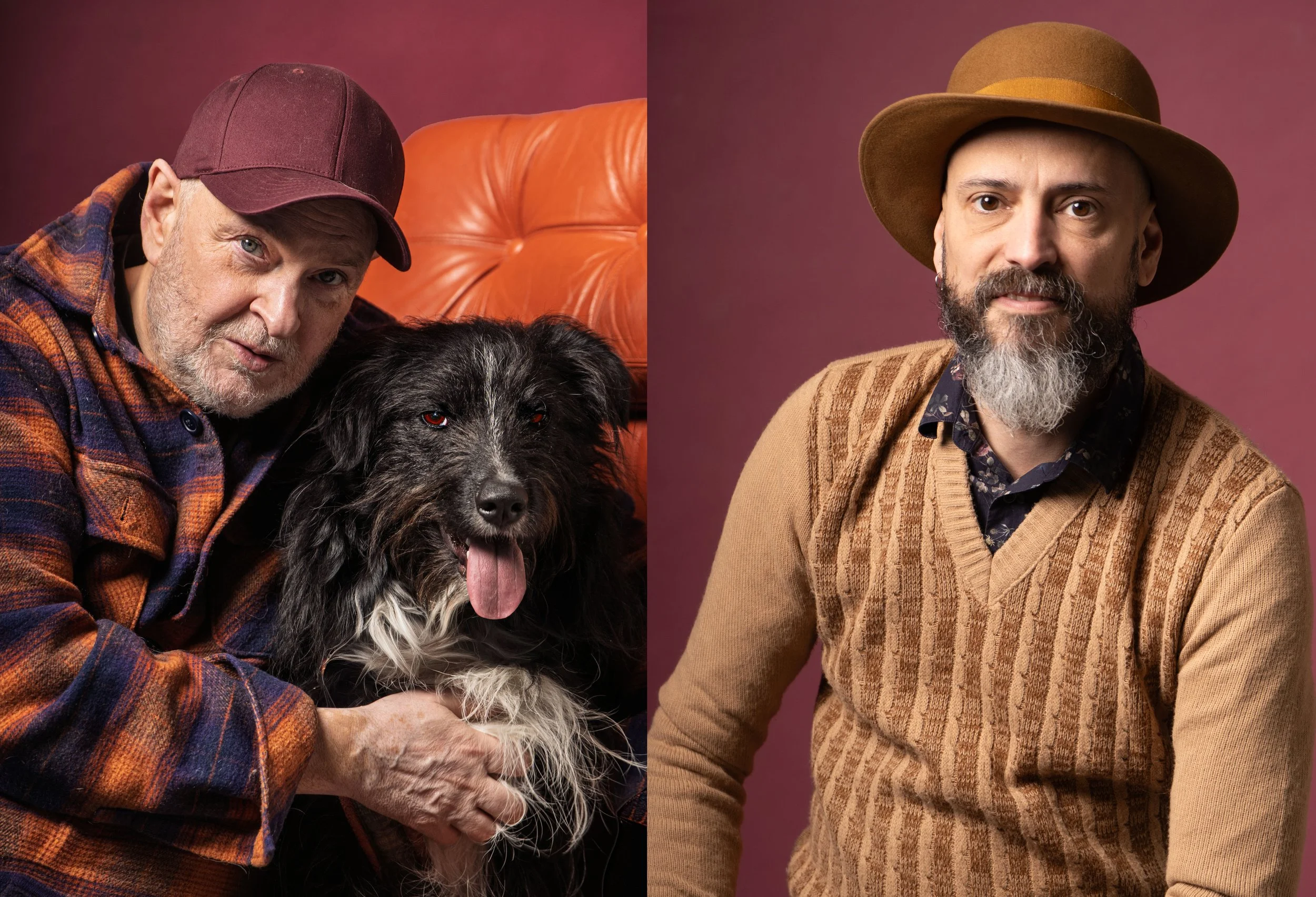 Split image showing two men with beards, one with a serious expression, the other with a calm smile, each in a portrait setting with a pinkish background. The man on the left wears a maroon cap and plaid jacket, sitting with a black and white dog. The man on the right wears a brown hat, a tan sweater, and a patterned shirt.