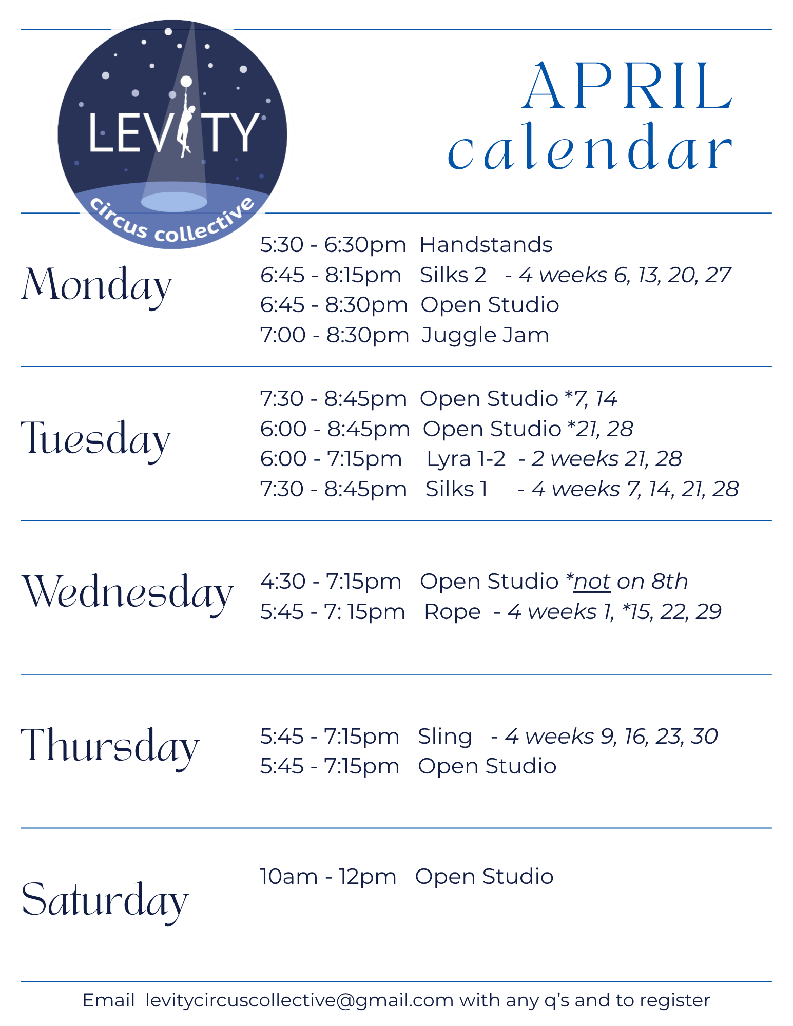 April calendar for Levity Circus Collective showing schedule of classes and open studio hours from Monday to Saturday, with class times and details.