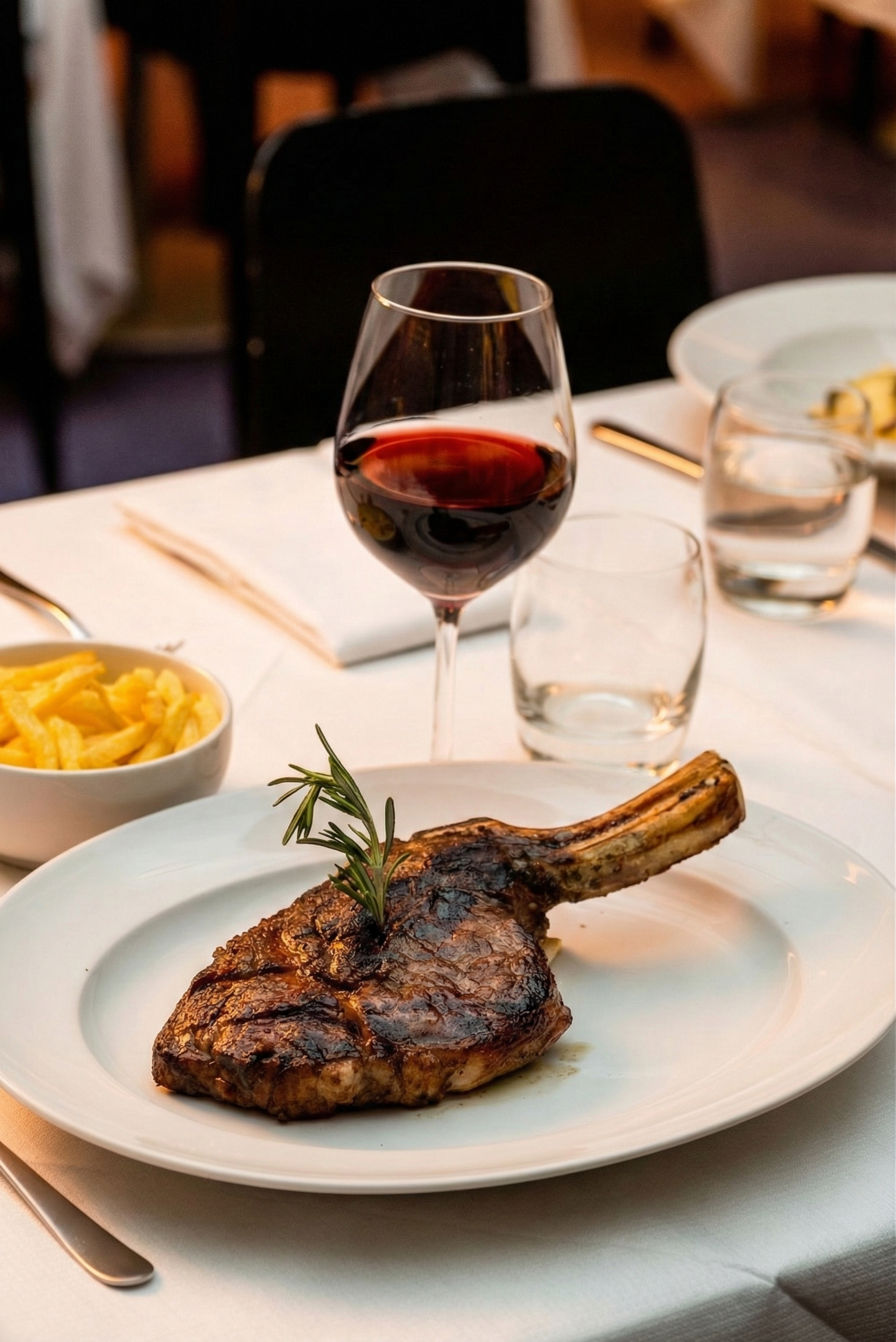 A beautifully cooked steak with a rosemary garnish on a white plate, a glass of red wine, and side dishes on a table in a restaurant setting.