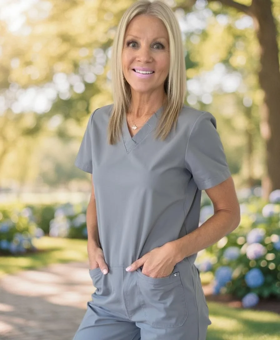 Julie, owner of Integrative Lactation Services, a smiling female in gray scrubs standing as she prepares for an upcoming NICU complex feeding session with a mother and newborn baby in Bend Oregon