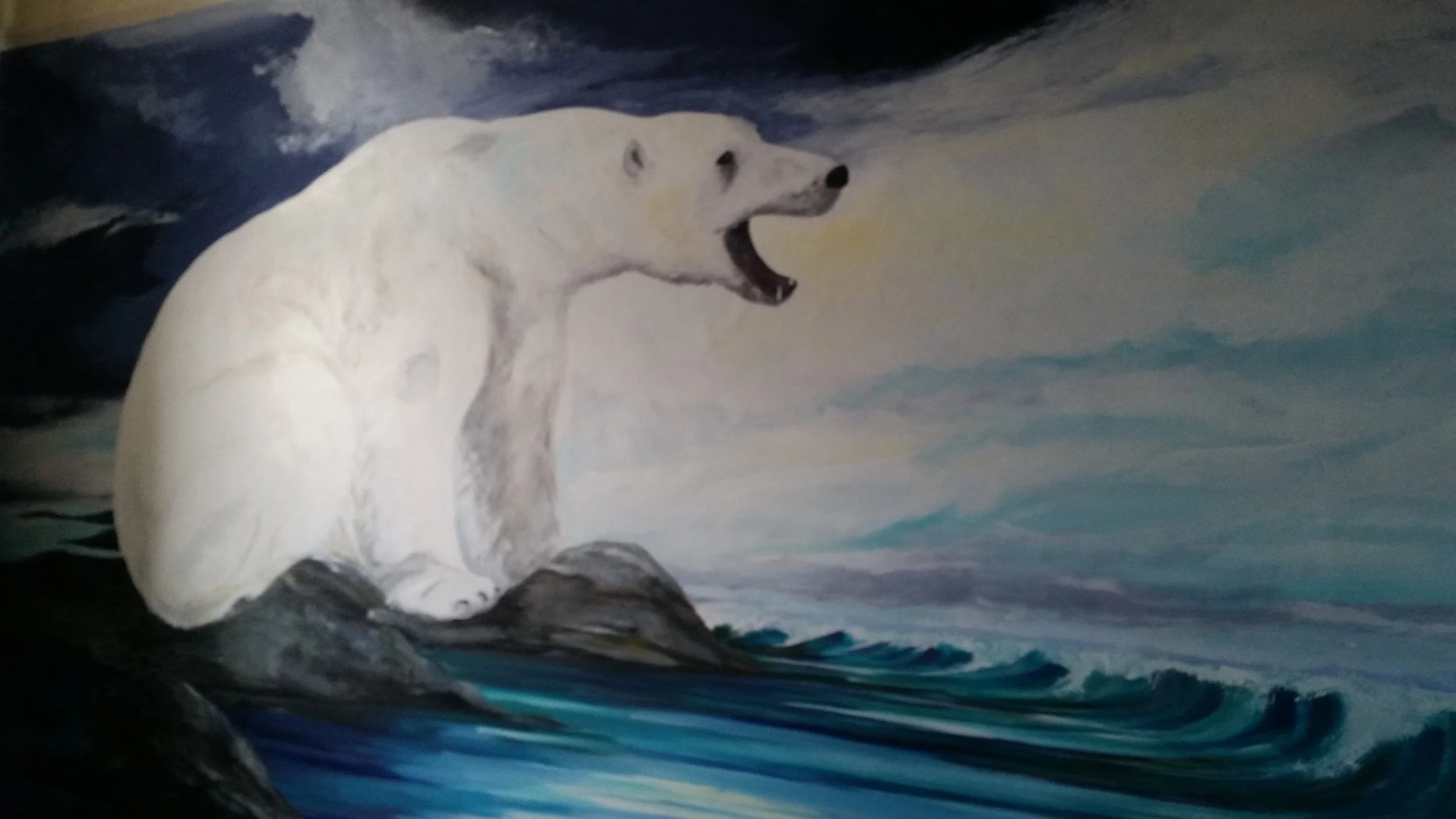 A painting of a polar bear sitting on rocks near the ocean with dark clouds in the sky, and the bear is roaring or yowling.