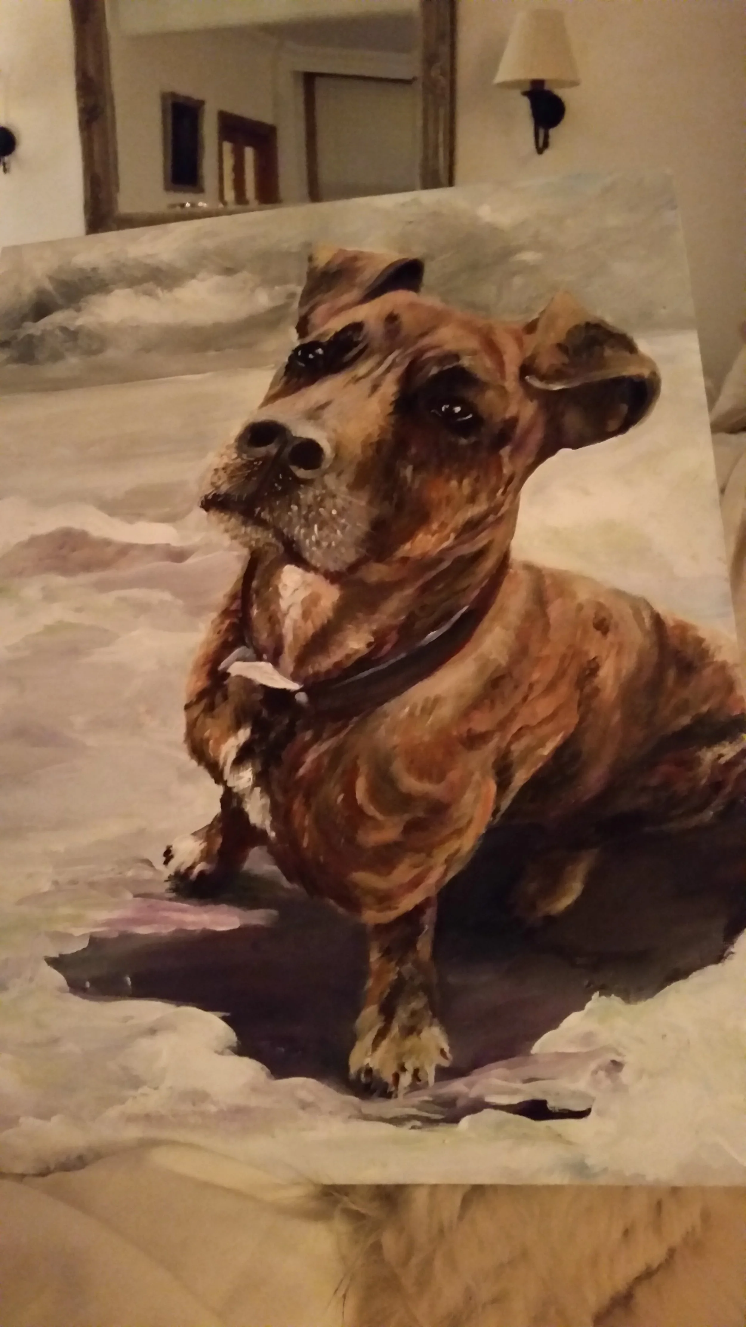 Painted portrait of a brown dog with black markings, sitting on a snowy landscape background in an indoor setting.