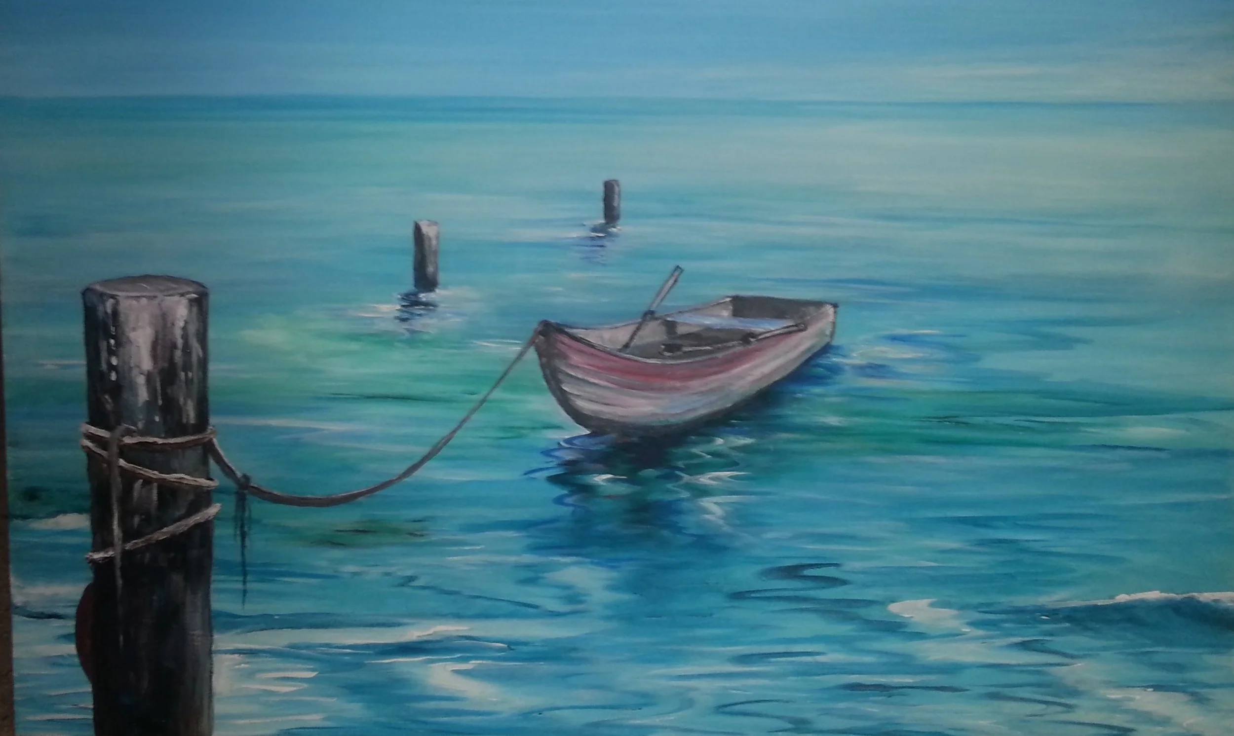 Painting of a boat tied to a wooden post on calm blue water with a few more posts in the background.