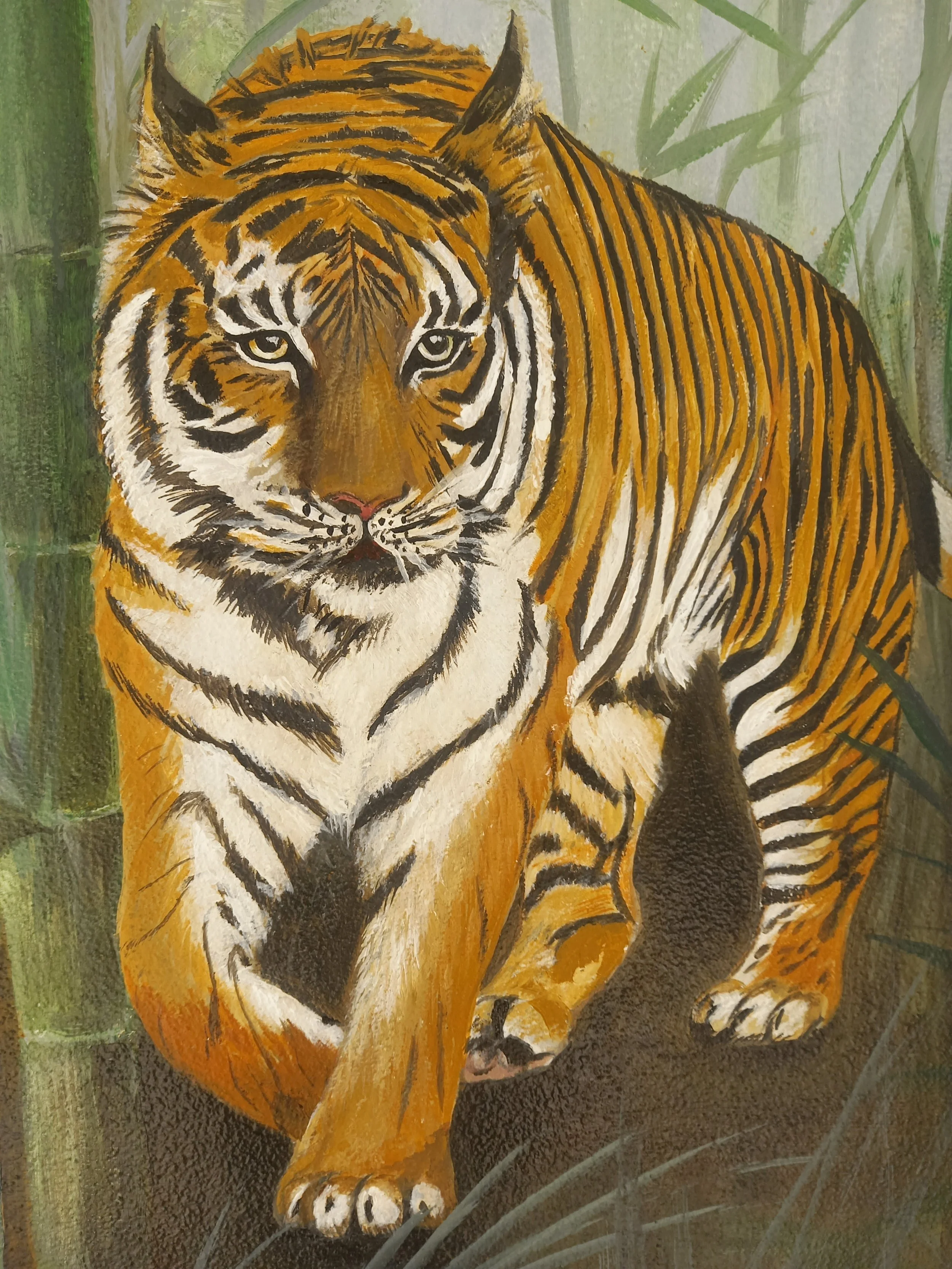 Painting of a tiger walking through green jungle foliage.