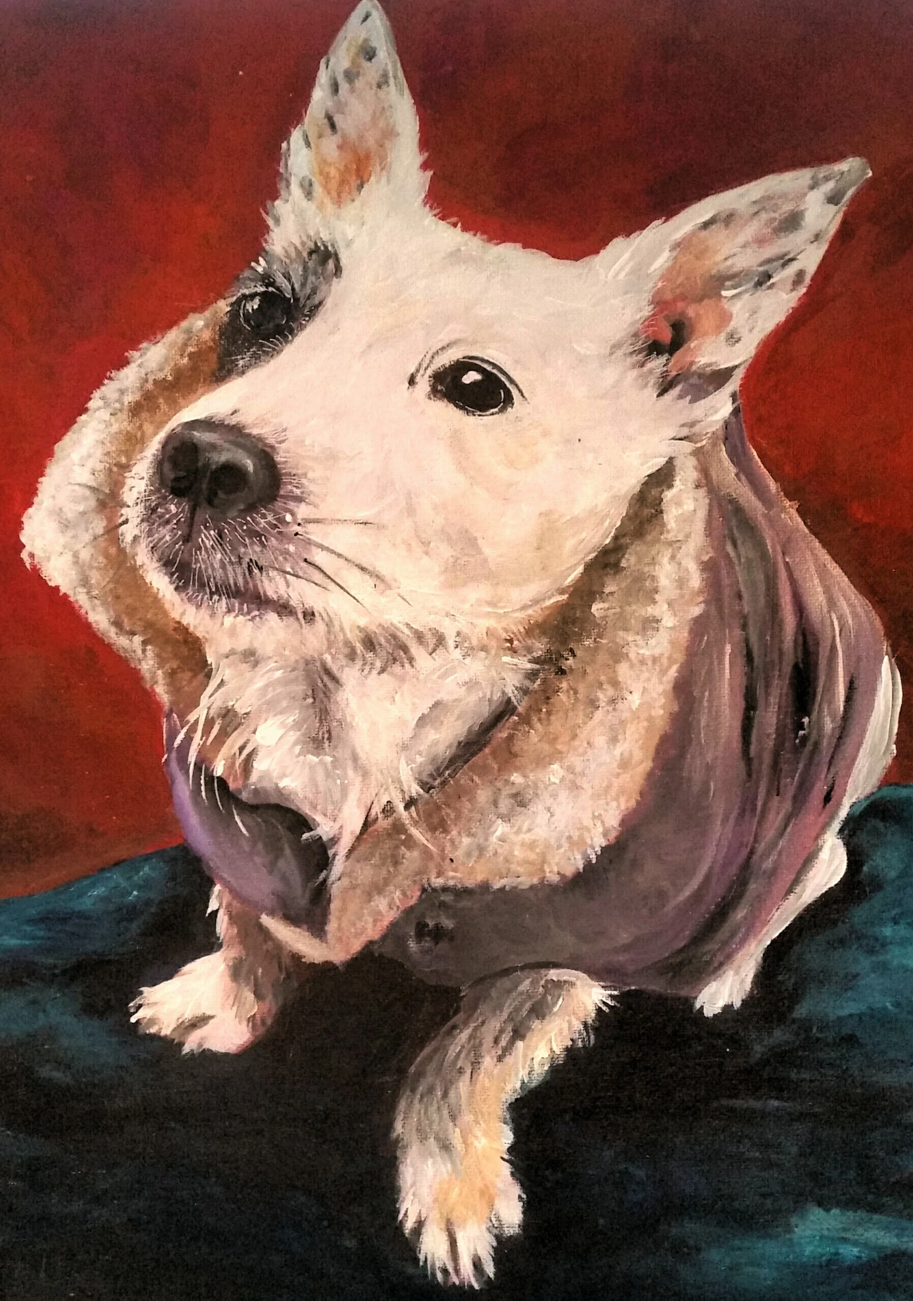 Painting of a dog with one eye, wearing a pink sweater, against a red background.