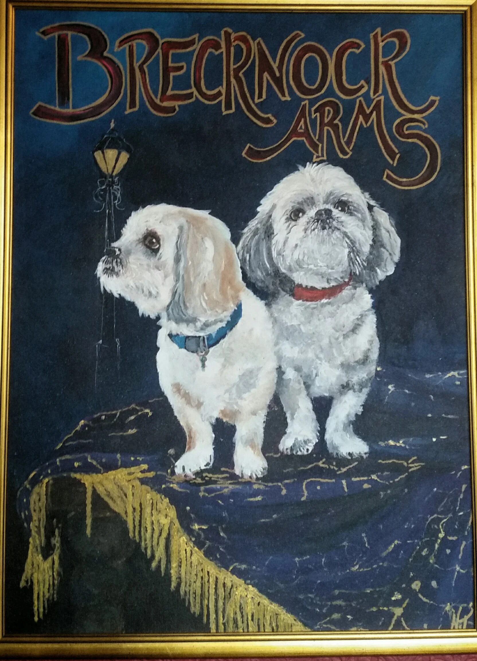 Painting of two dogs standing on a dark blue rug with gold fringe, with the text 'Brecknock Arms' in large, decorative letters at the top.