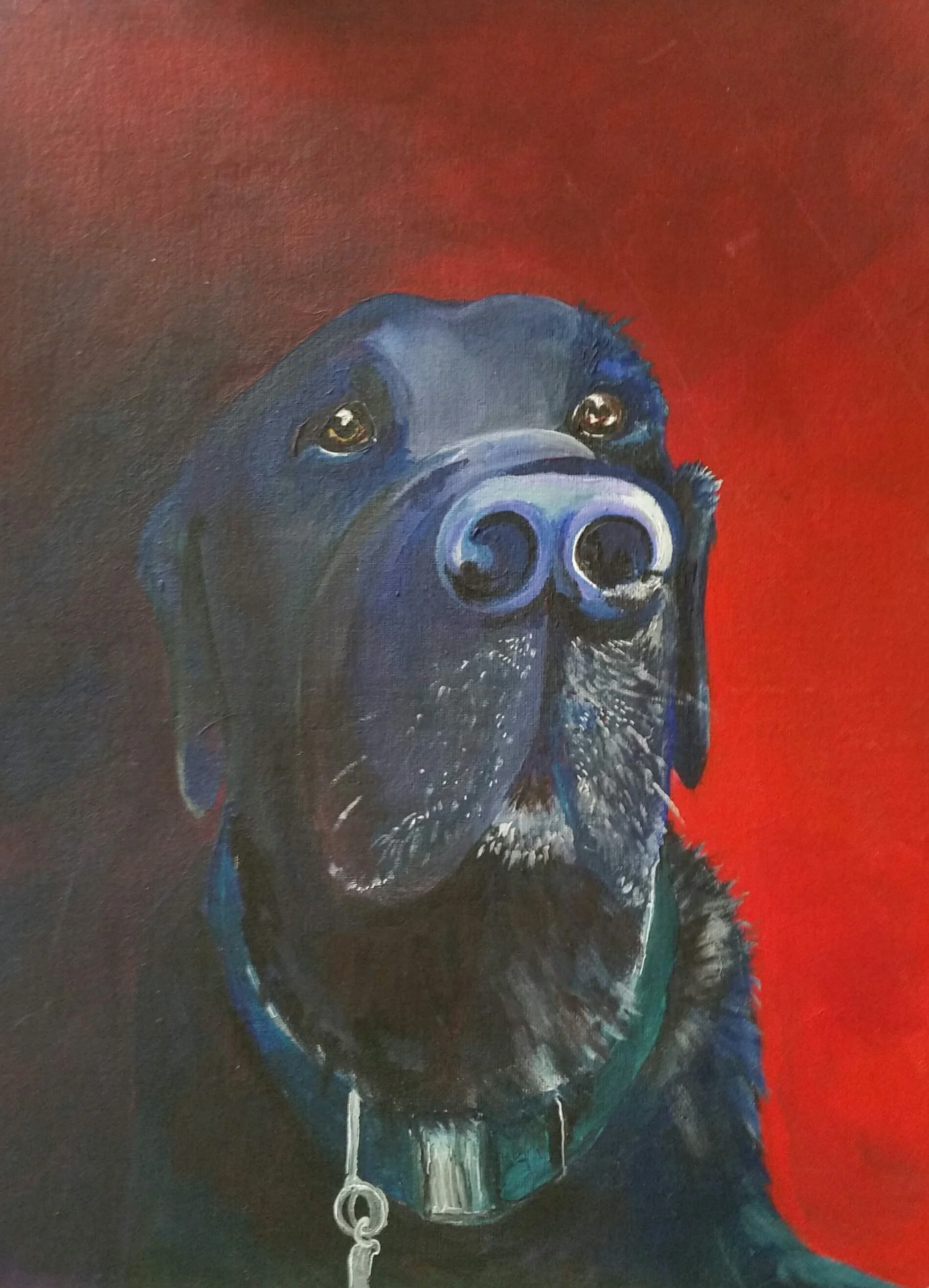 Painted portrait of a black dog with expressive eyes, on a red background.