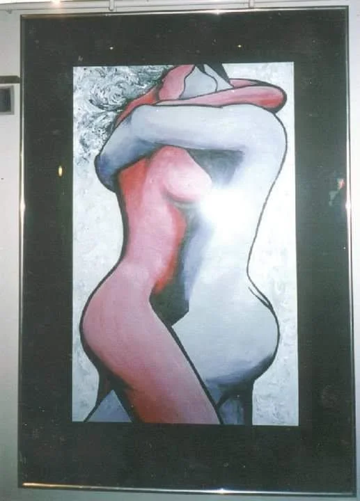 Abstract painting of two intertwined, anonymous human figures embracing, with one figure in mostly pink and the other in mostly grey tones.