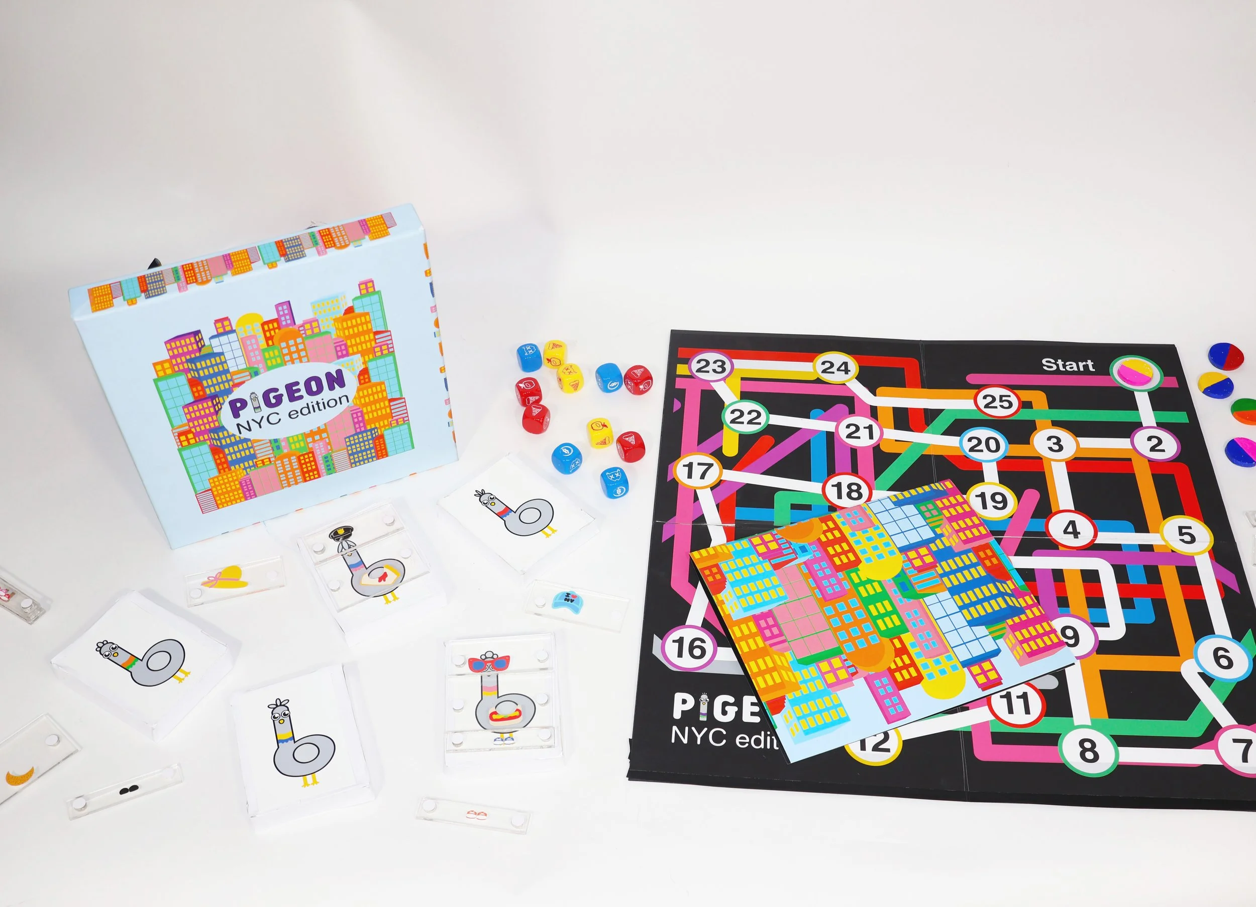 The board game with some pieces laid out and the closed manual. 