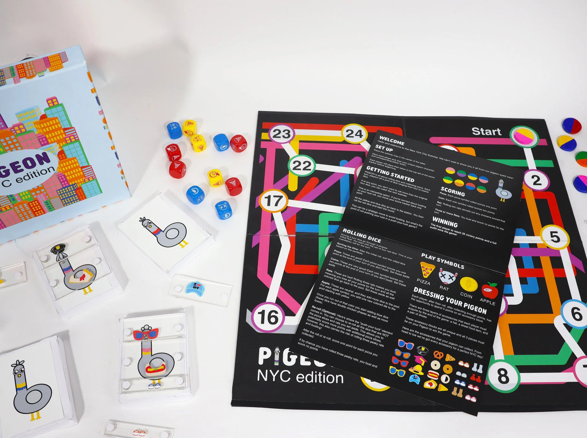 The board game with some pieces laid out and the open manual. 