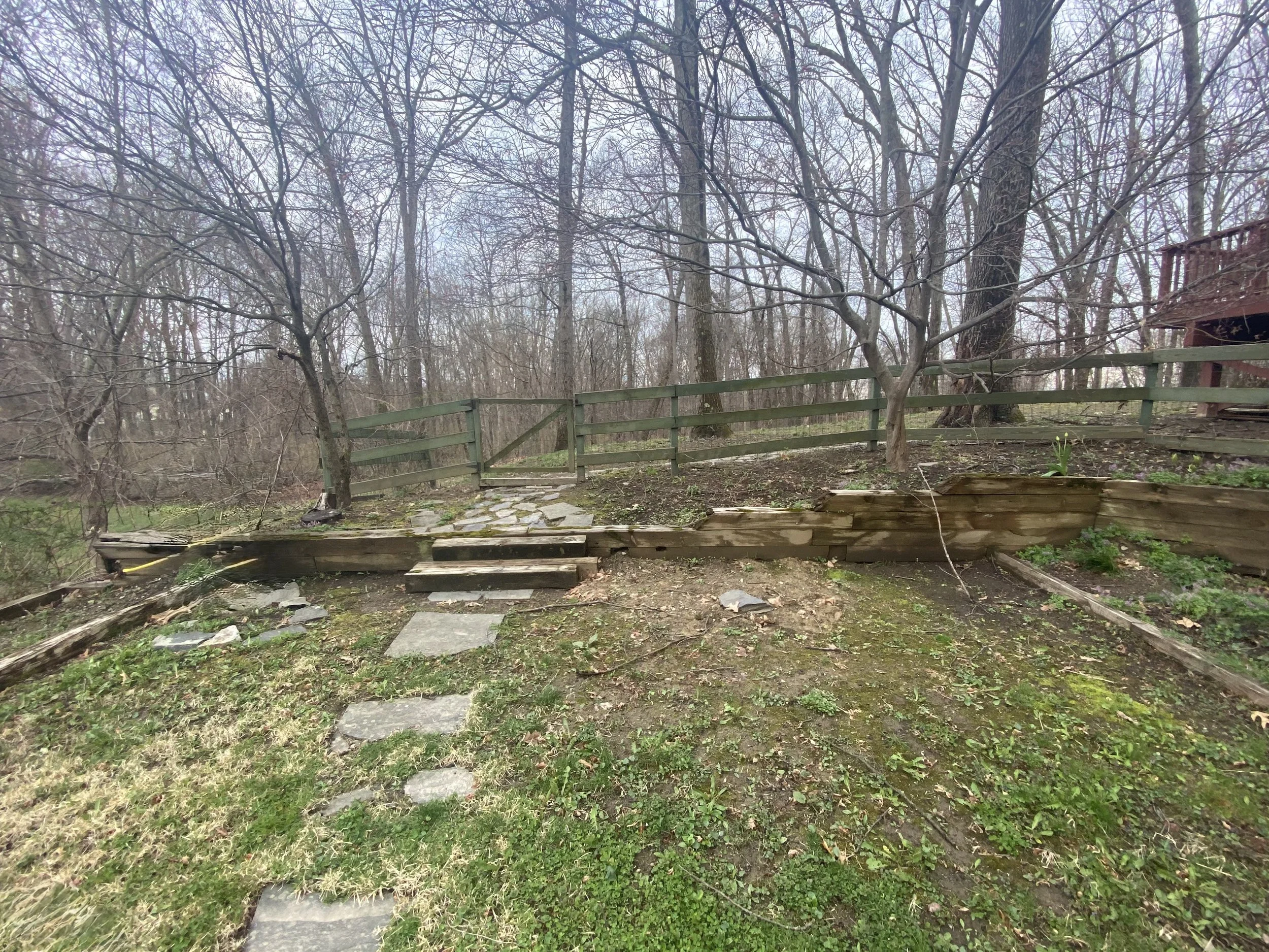 Outdoor garden path with stone steps and wooden fence among bare trees in early spring