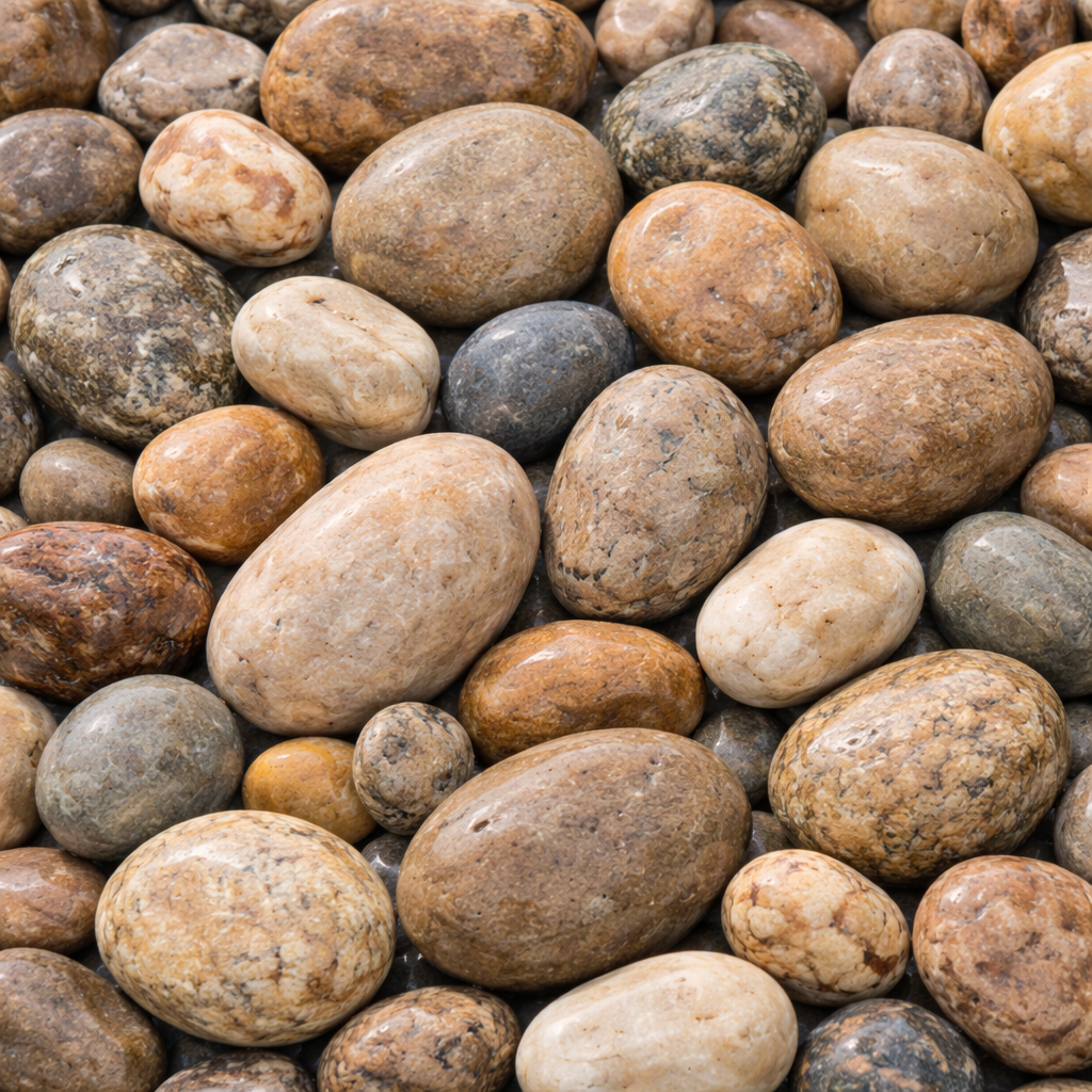 HV #2 round decorative river rock, 1½”–3” landscaping stone in natural tan, gray, and brown tones