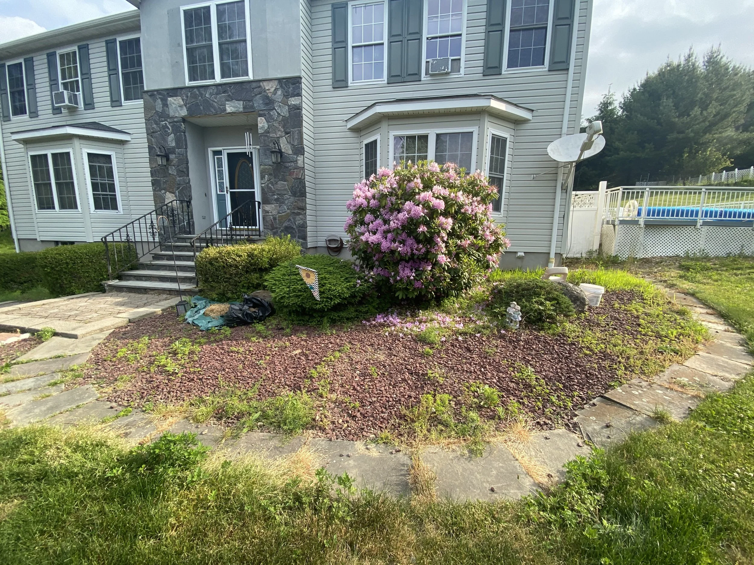 Front yard with a stone pathway, a flowering shrub, and a house with stairs and a satellite dish.