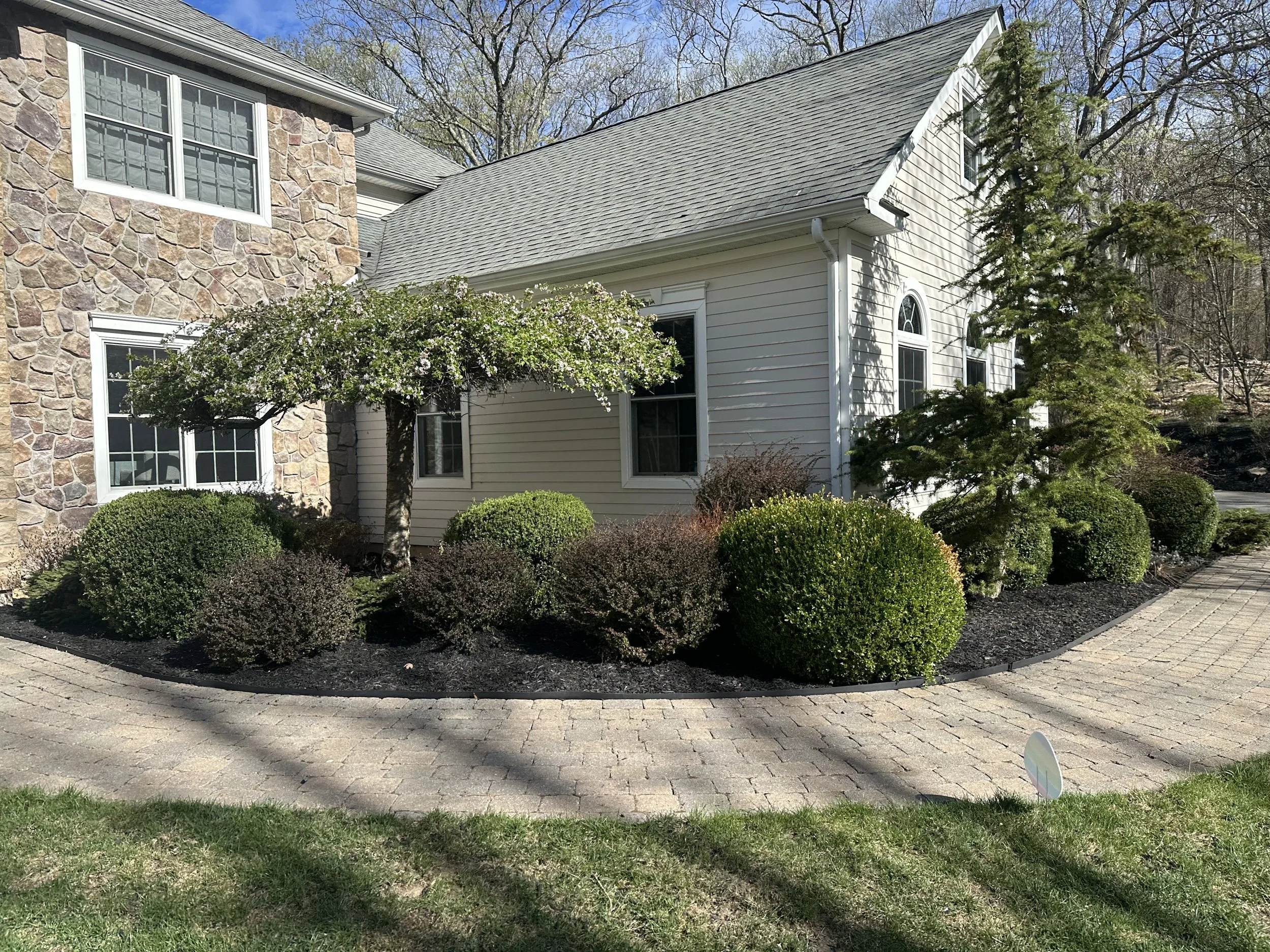 Front yard with landscaped bushes, small trees, and a paved walkway leading to a house with stone and siding exterior.