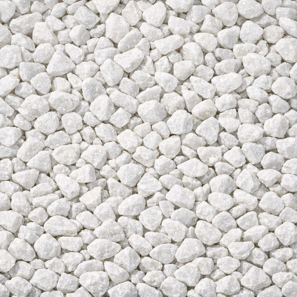 ¾” crushed white decorative stone, light-colored landscaping rock for garden beds and pathways