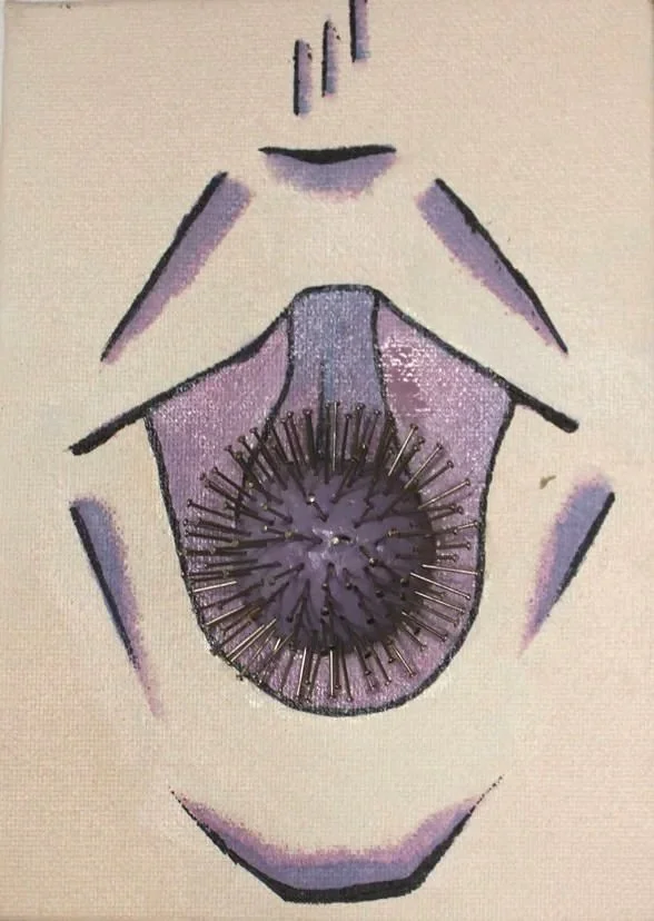 Title: Breast Feeding:

Breast Feeding is an abstracted mouth—open, exposed, and vulnerable. At its center, a foam ball stands in as the nipple, soft in form yet surrounded by protruding nails. The contrast between yielding and piercing materials ref