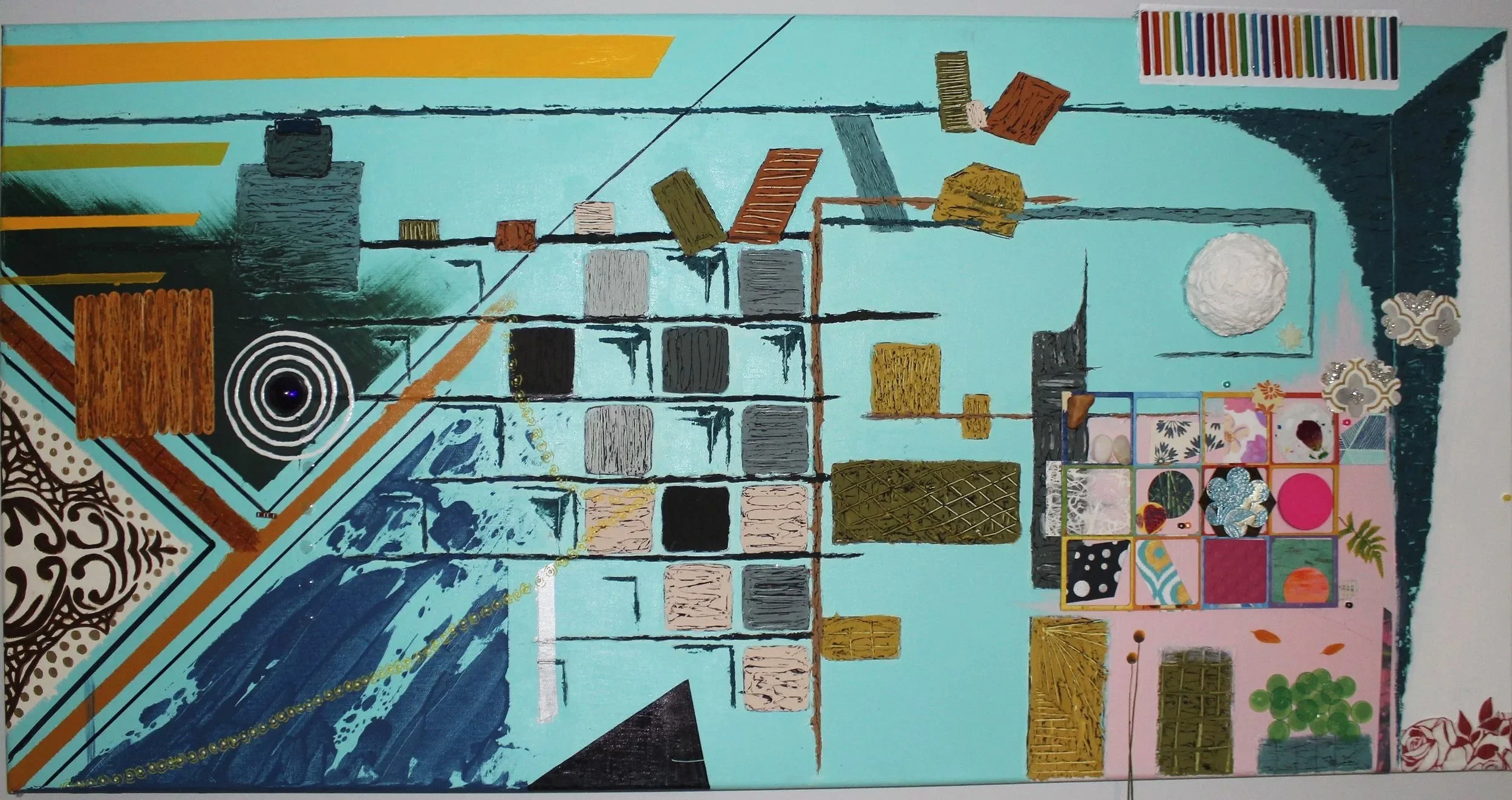 Title: Collided Space IV:

This layer reflects the time after quarantine struck, when financial challenges led her father, another adult, and I to move in together. Each of us had our own floor, while communal spaces were shared, creating a dynamic h