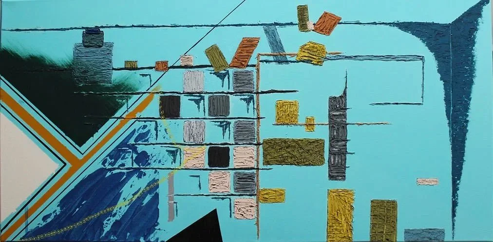 Title: Collided Space II:

This layer reflects the first home I purchased and renovated at age 22—a small, imperfect space that nonetheless filled me with pride and independence. The marks and abstract forms capture our shared room, including the twi