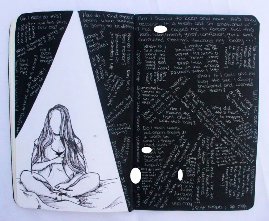 Title: Intrusive Thoughts:

Intrusive Thoughts depicts a faceless figure sitting on a bed, holding a pregnant stomach, illuminated by a lone spotlight against a backdrop of deep blackness. The stark light isolates the figure, echoing the mental inten