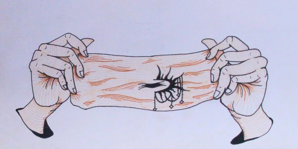 Title: Stretched:

Stretched continues the therapeutic, obsessive mark-making process of Diary of a Pregnant “Woman”. The image depicts two hands holding my own stomach, revealing my tattoos, stretch marks, and skin stretched to its limits during pre