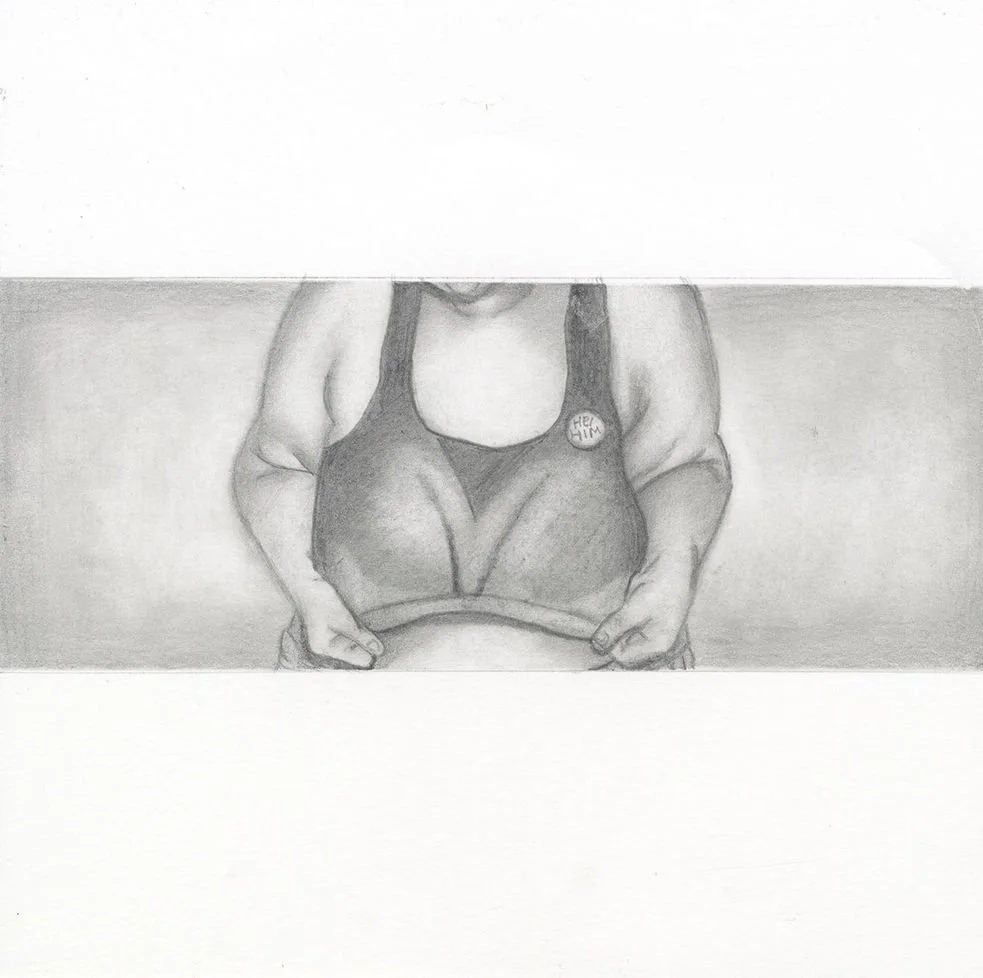 Damien: Navigating Sexualization (Trans Male Participant, He/Him)
	
•	During: The second image depicts him putting on a binder. The focus is on hands and the tension in the torso, illustrating the deliberate act of aligning his body with his gender i