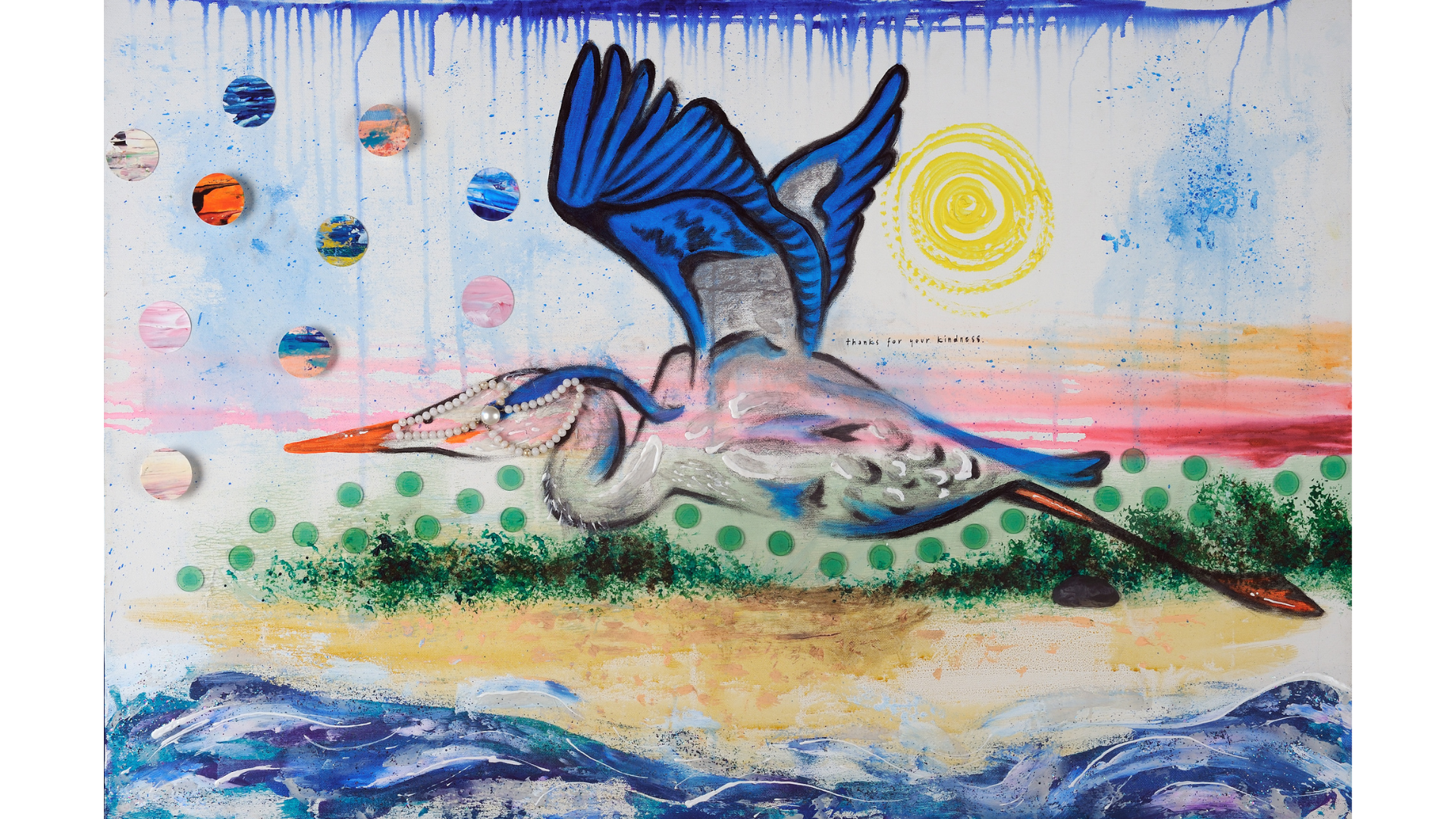 Title: Thank You For Your Kindness:

At the center of the piece is a blue heron, a bird often associated with patience, quiet observation, and resilience. Blue herons move slowly and deliberately through their environments, embodying a calm attentive