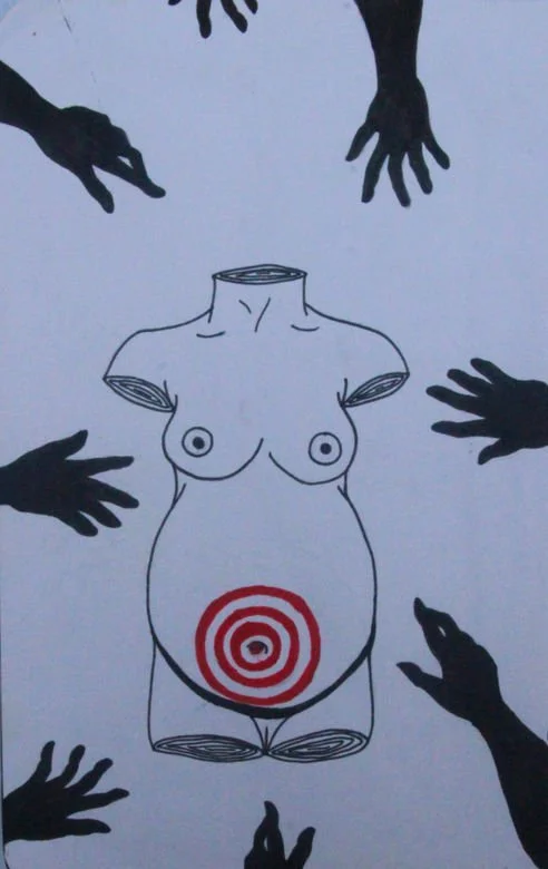 Title: We Are Human:

We Are Human is a commentary on the erasure and objectification often experienced during pregnancy. The piece features repetitive figures of hands reaching out, symbolizing the external pressures, expectations, and invasions fel