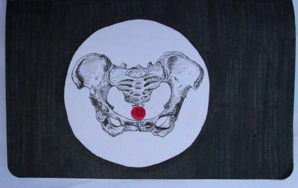Title: Red Point:

Red Point continues the obsessive, therapeutic mark-making of Diary of a Pregnant “Woman”. Rendered entirely in black and white, the piece centers on a circular depiction of female hip bones, symbolizing structure, strength, and vu