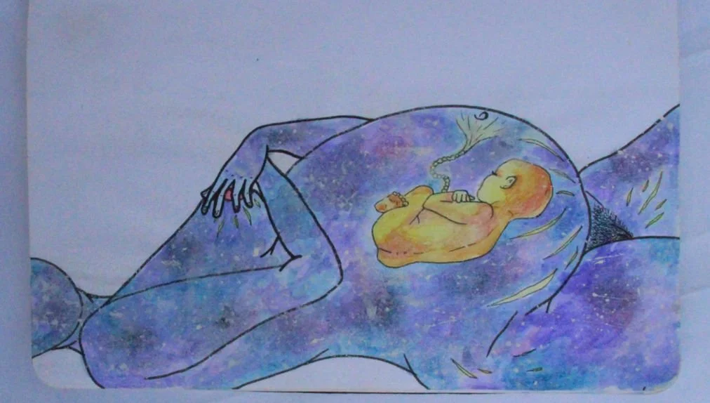Title: Their Universe:

Their Universe depicts a pregnant woman lying on her back, her body rendered in delicate contour lines. Within her stomach, a baby is visible, connected by an umbilical cord and painted in luminous watercolor, shining like a s