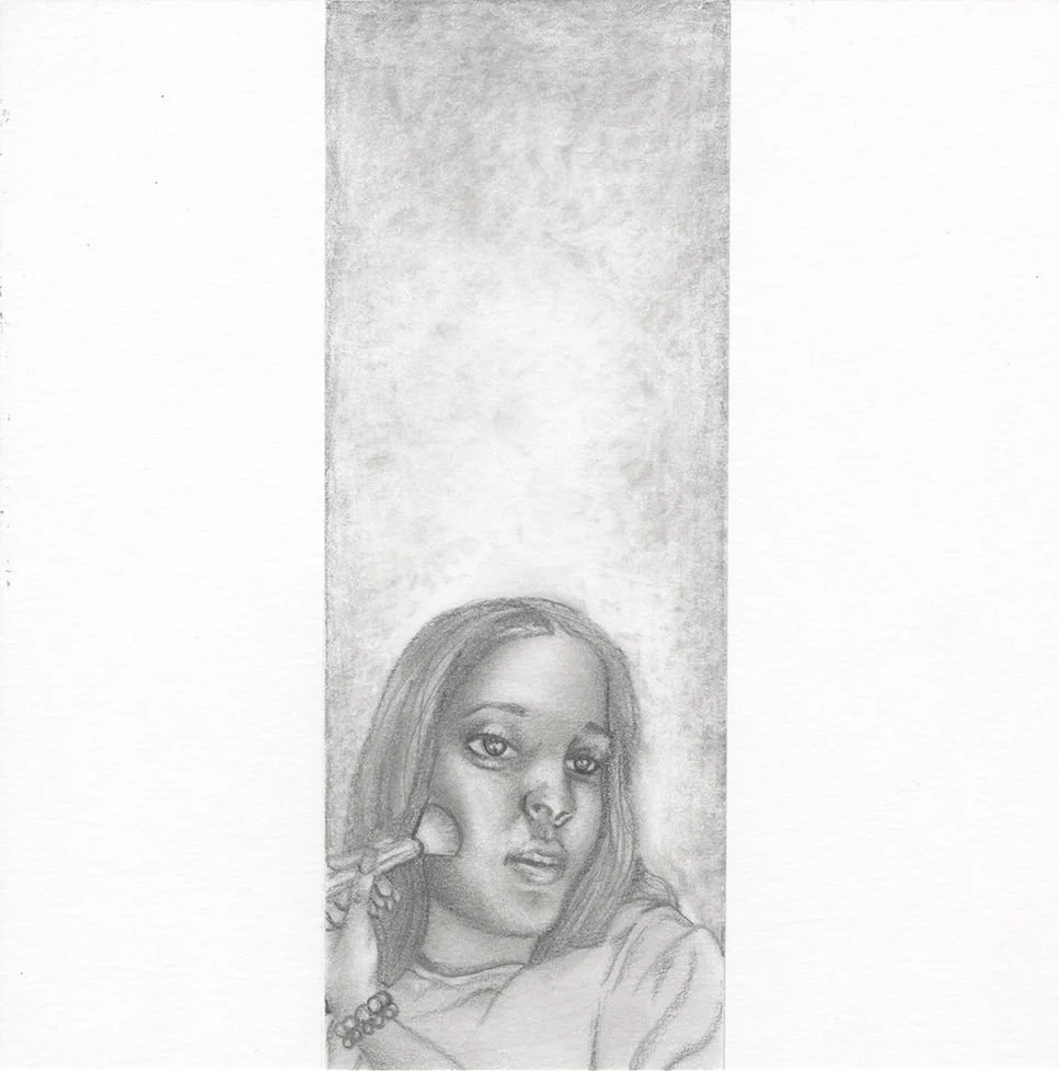 Destynee: Skin and Even Complexion
	
•	During: She is applying foundation, hands delicately blending, with careful attention to achieving an even complexion. The drawing emphasizes ritualized gestures and focus, highlighting the intimate labor behind